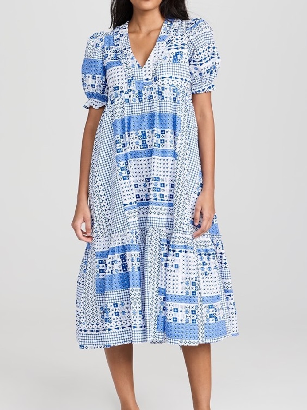 English Factory Blue and White Patchwork Puff-Sleeve Midi Dress
